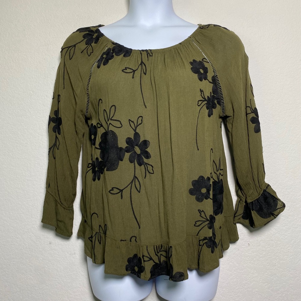 LIV LOS ANGELES Olive Green Black Floral Embroidered Gauze Blouse‎ Top Size S
